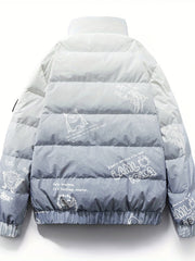 Graffiti Print Puffer Jacket Men's Stand Collar Down Coat