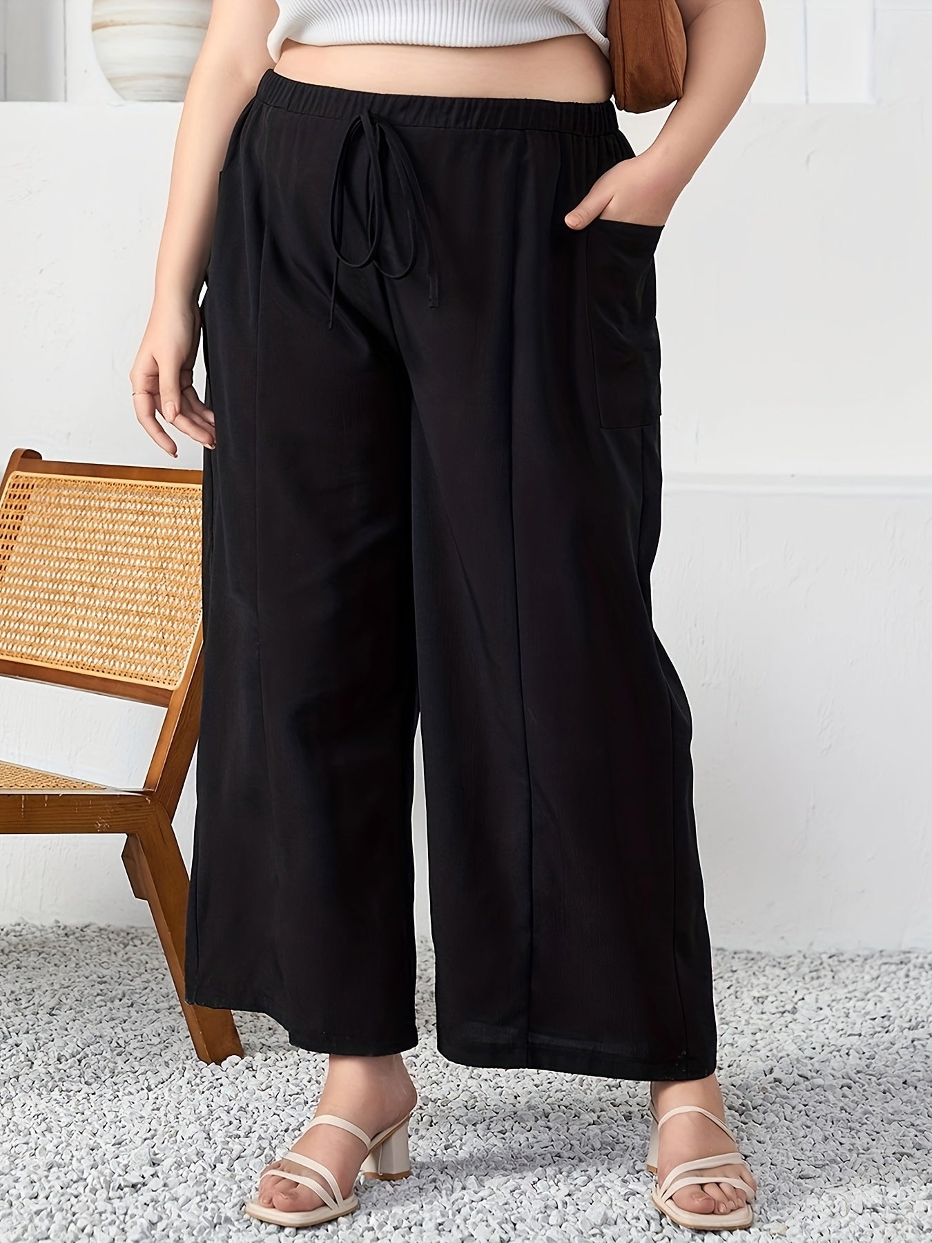  Solid Wide Leg Trousers w/ Pockets