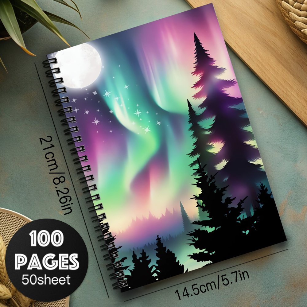 Aurora Borealis Spiral Notebook - 100 Pages - Northern Lights & Pine Trees