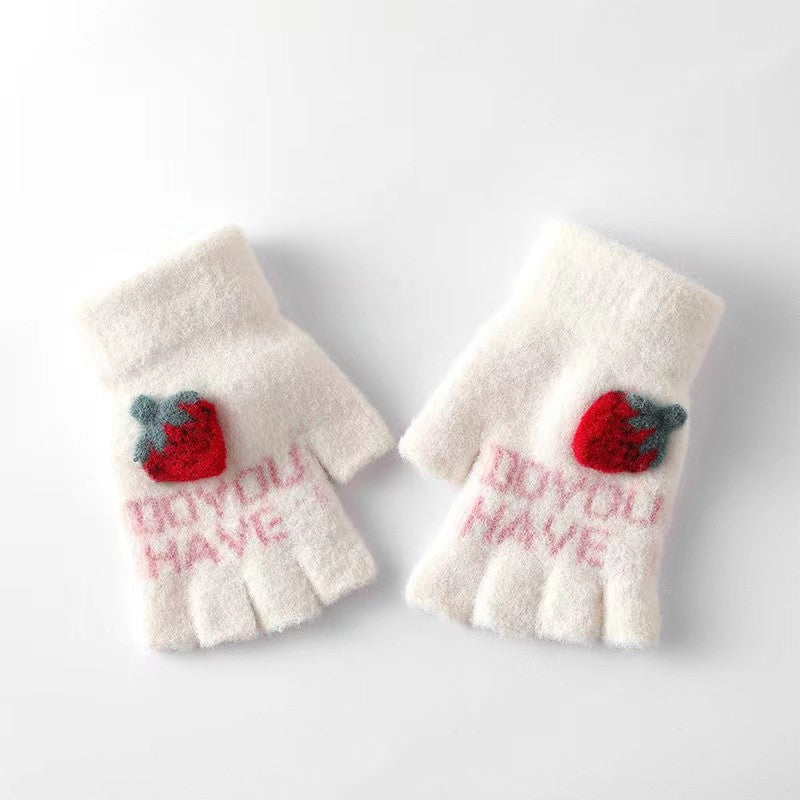 Embroidered Strawberry Fingerless Knit Gloves