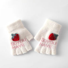 Embroidered Strawberry Fingerless Knit Gloves