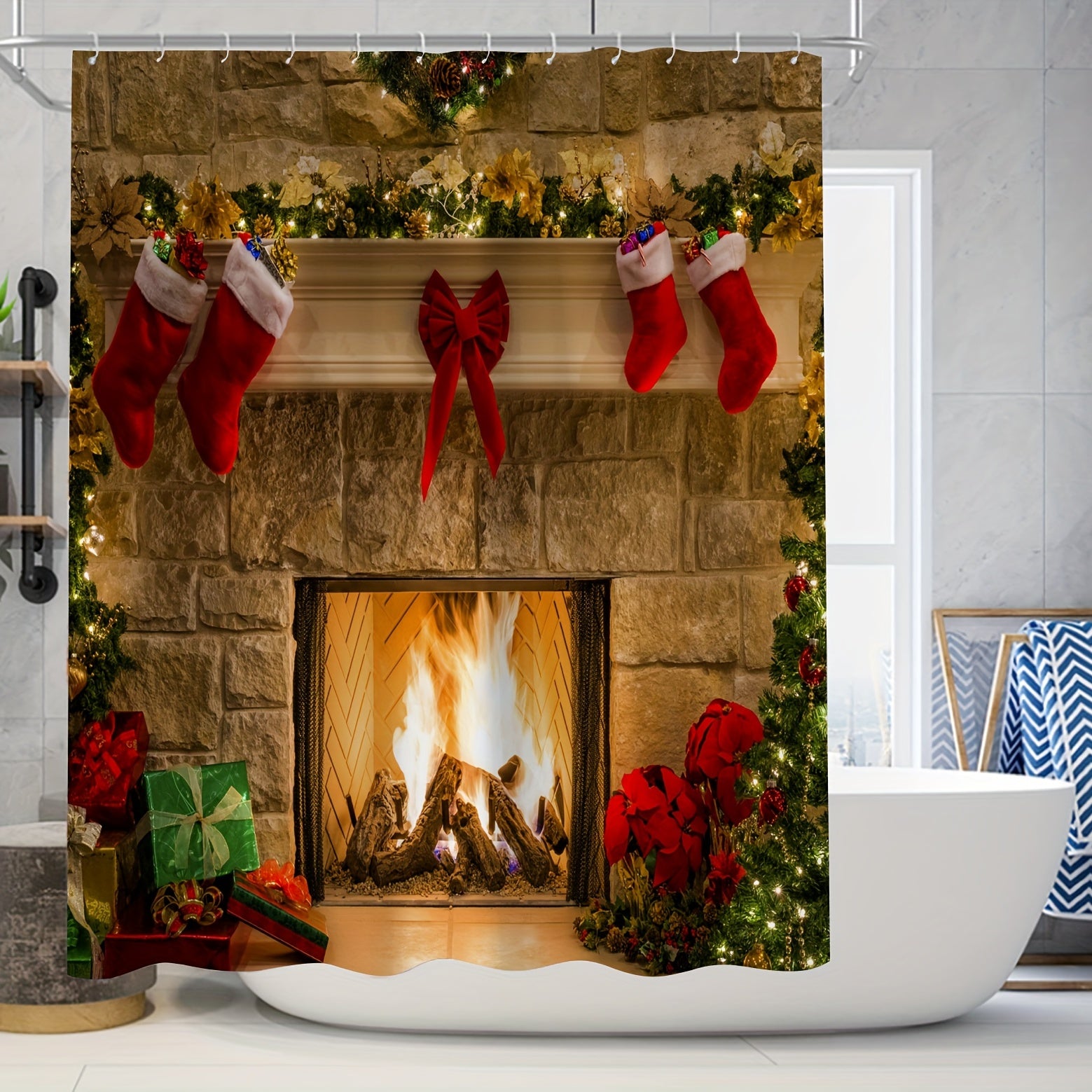 Festive Christmas Fireplace Shower Curtain Set - Christmas Decorations