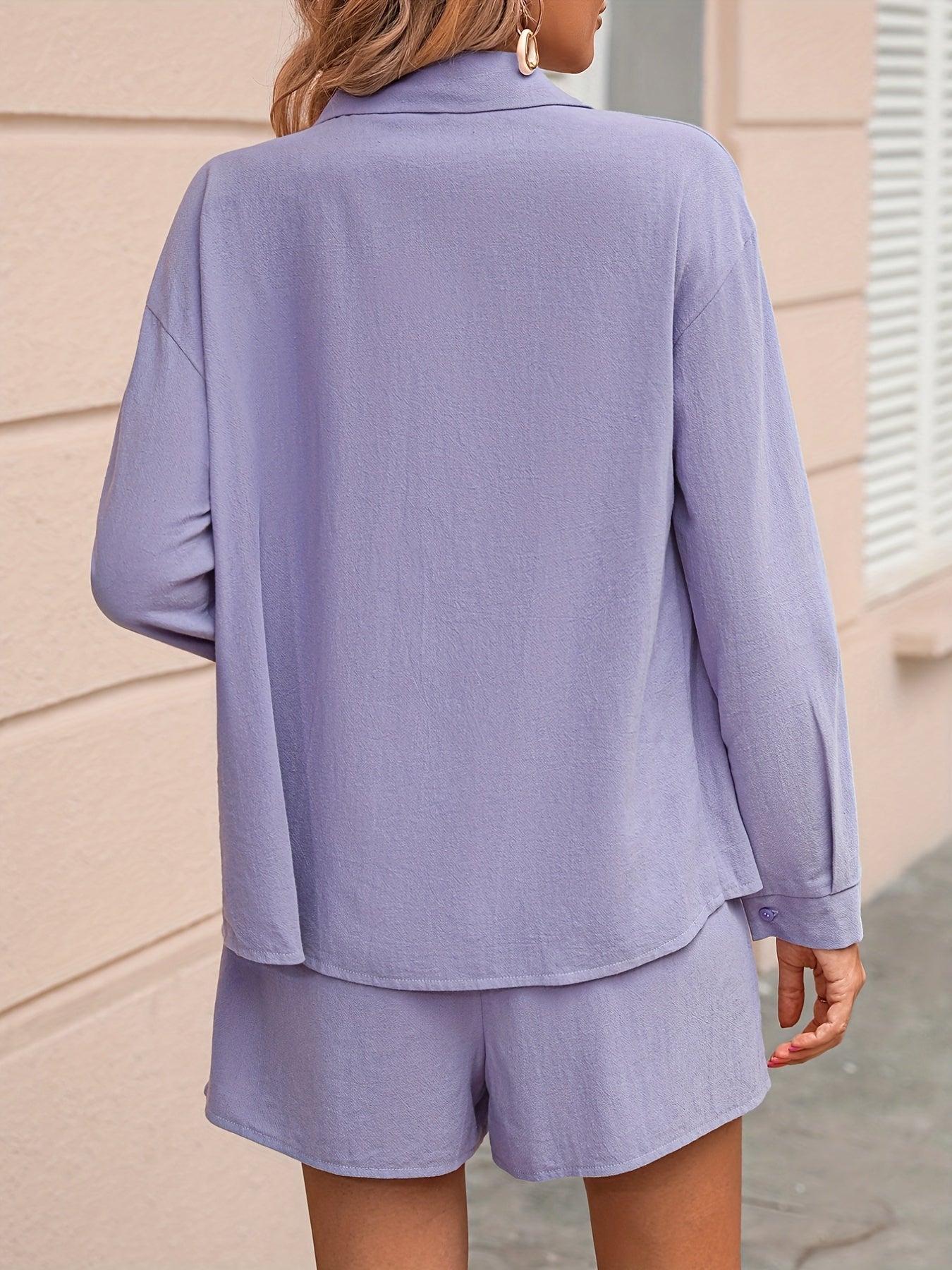 Casual Two Piece Set Button Front Shirt & Shorts Outfit