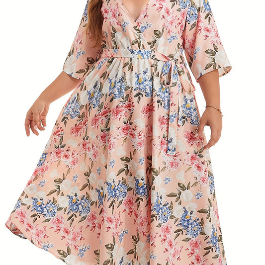 Women's Plus Floral Print Half Sleeve Midi Dress