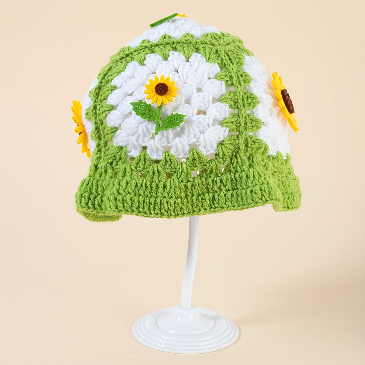 Sunflower Decor Block Beanie Crochet Bucket Hat Hollow Breathable Cloche