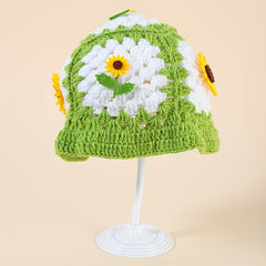Sunflower Decor Block Beanie Crochet Bucket Hat Hollow Breathable Cloche