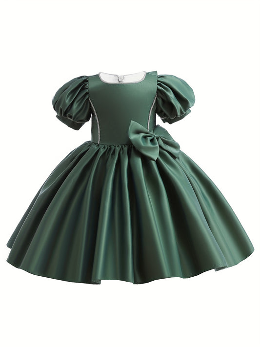 Satin Puff Sleeve Princess Dress with Bows