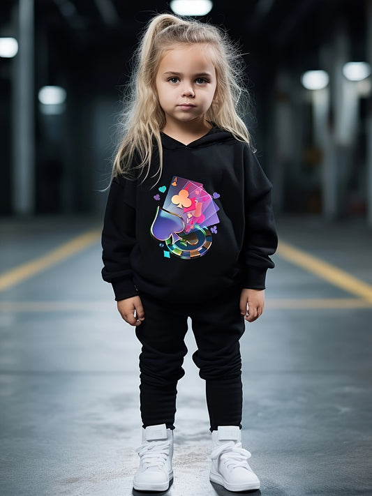 Girls 2pc Poker Pattern Hooded Sweatshirt & Sweatpants Set