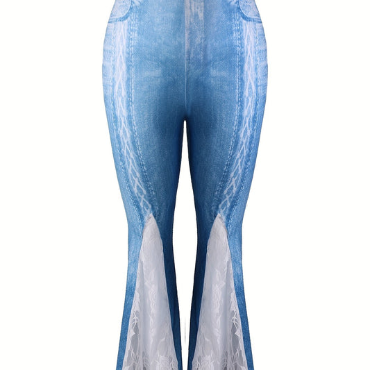  Lace Denim Print Flare Leg Leggings