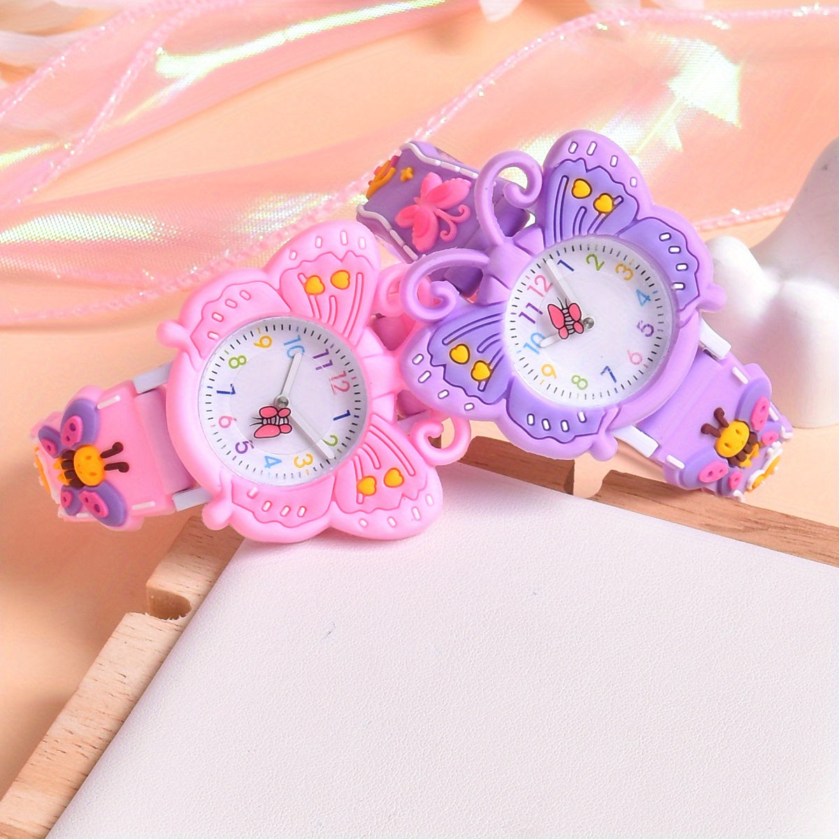 2pcs 3D Butterfly Pony Strap Quartz Watch Small Wristwatch