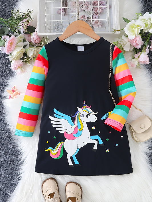 Girls' Unicorn Print Long Sleeve T Shirt Dress for Party Lounge