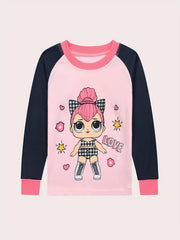 Cartoon Girl Pattern Kid's Pajamas 2pcs Top & Pants Set
