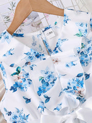 Floral Print Sleeveless Pleated Casual Midi Dress with Ruffle V Neck