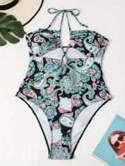  Boho Swimsuit Paisley Print Halter One Piece Bathing Suit