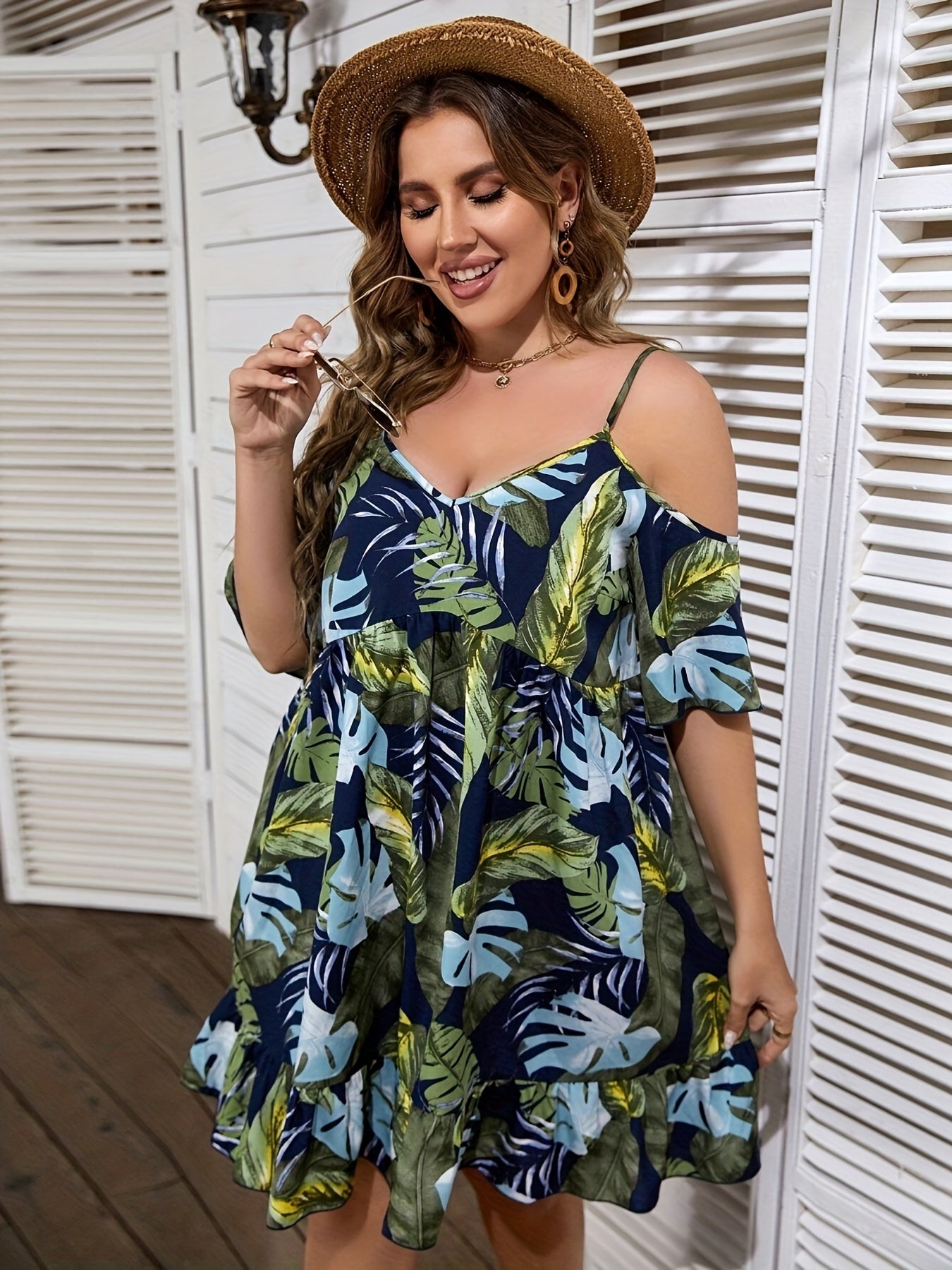  Tropical Print Cold Shoulder Mini Dress
