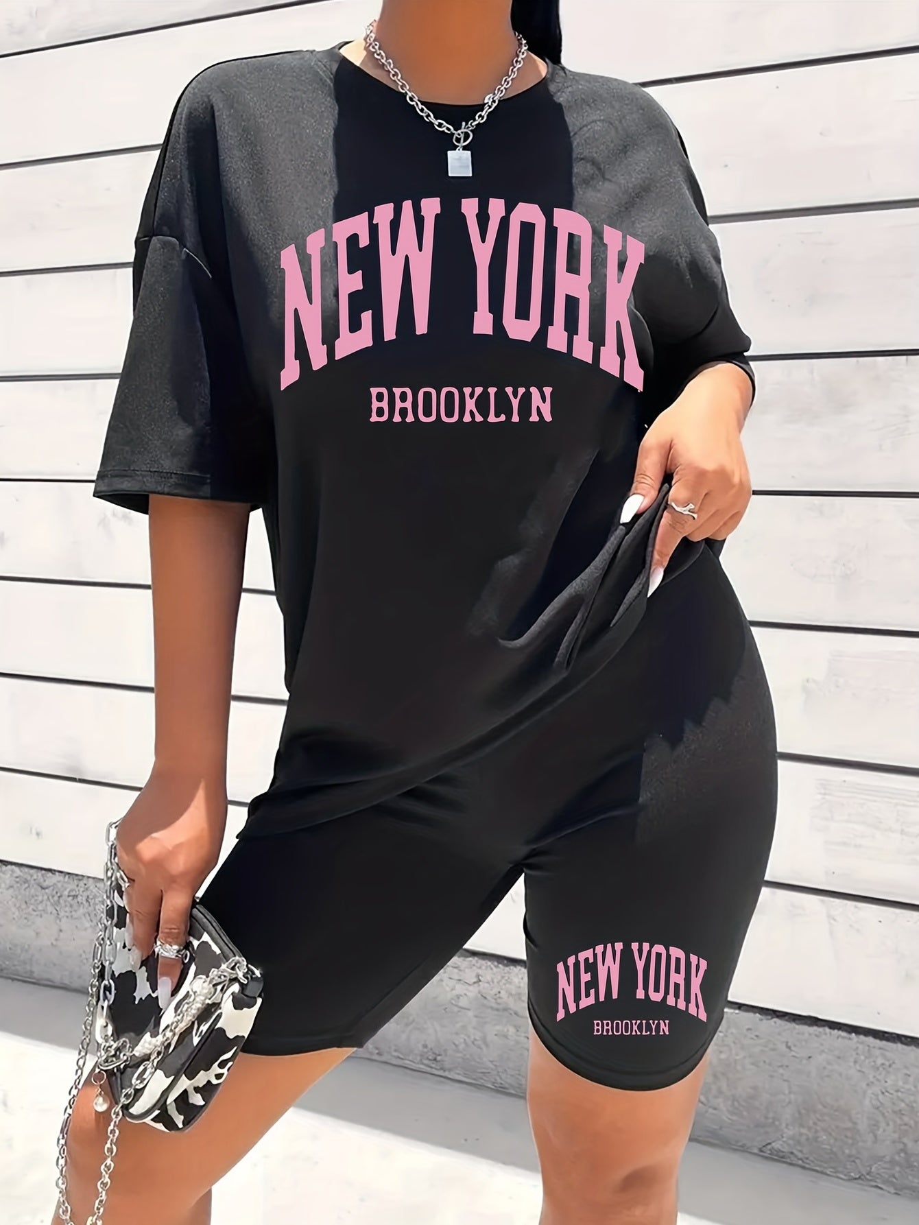 York Print 2pcs Set Short Sleeve T Shirt & Biker Shorts Summer Casual Two Piece