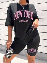 York Print 2pcs Set Short Sleeve T Shirt & Biker Shorts Summer Casual Two Piece