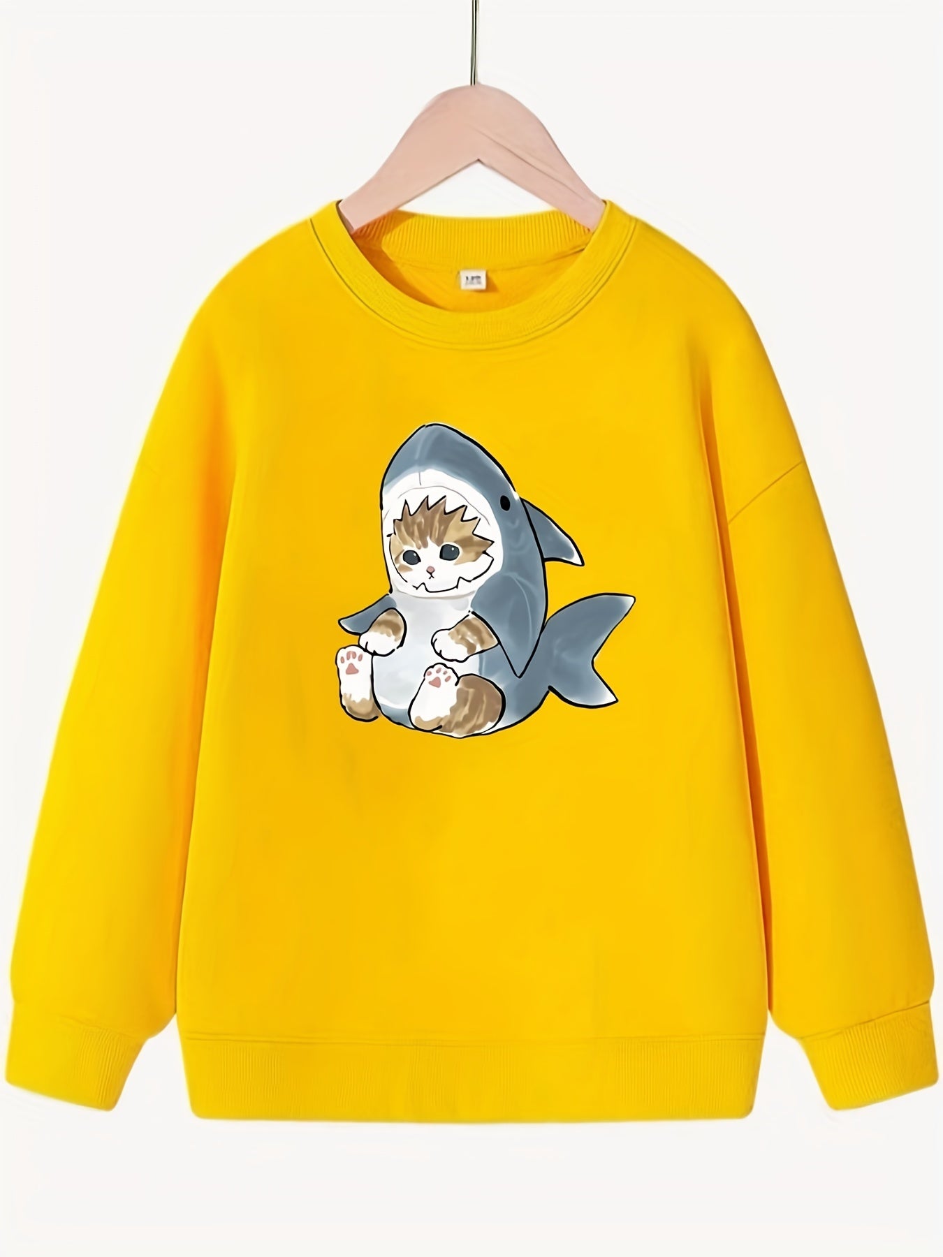 Kitten & Shark Pattern Round Neck Sweatshirt For Girls