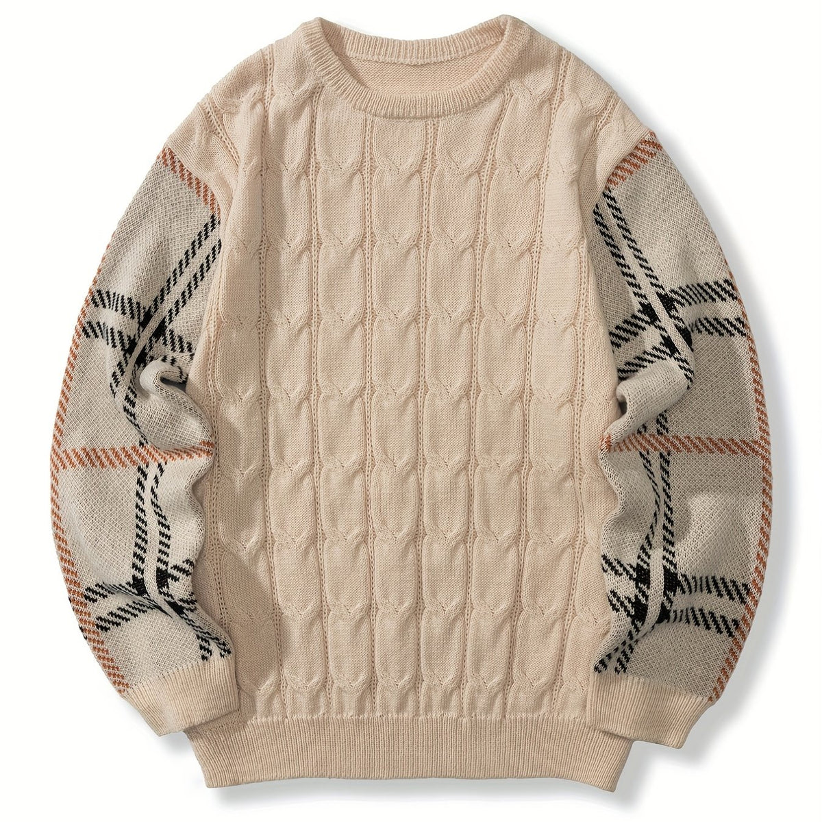 Vintage Check Sweater Men's Warm Crew Neck Pullover for Fall Winter
