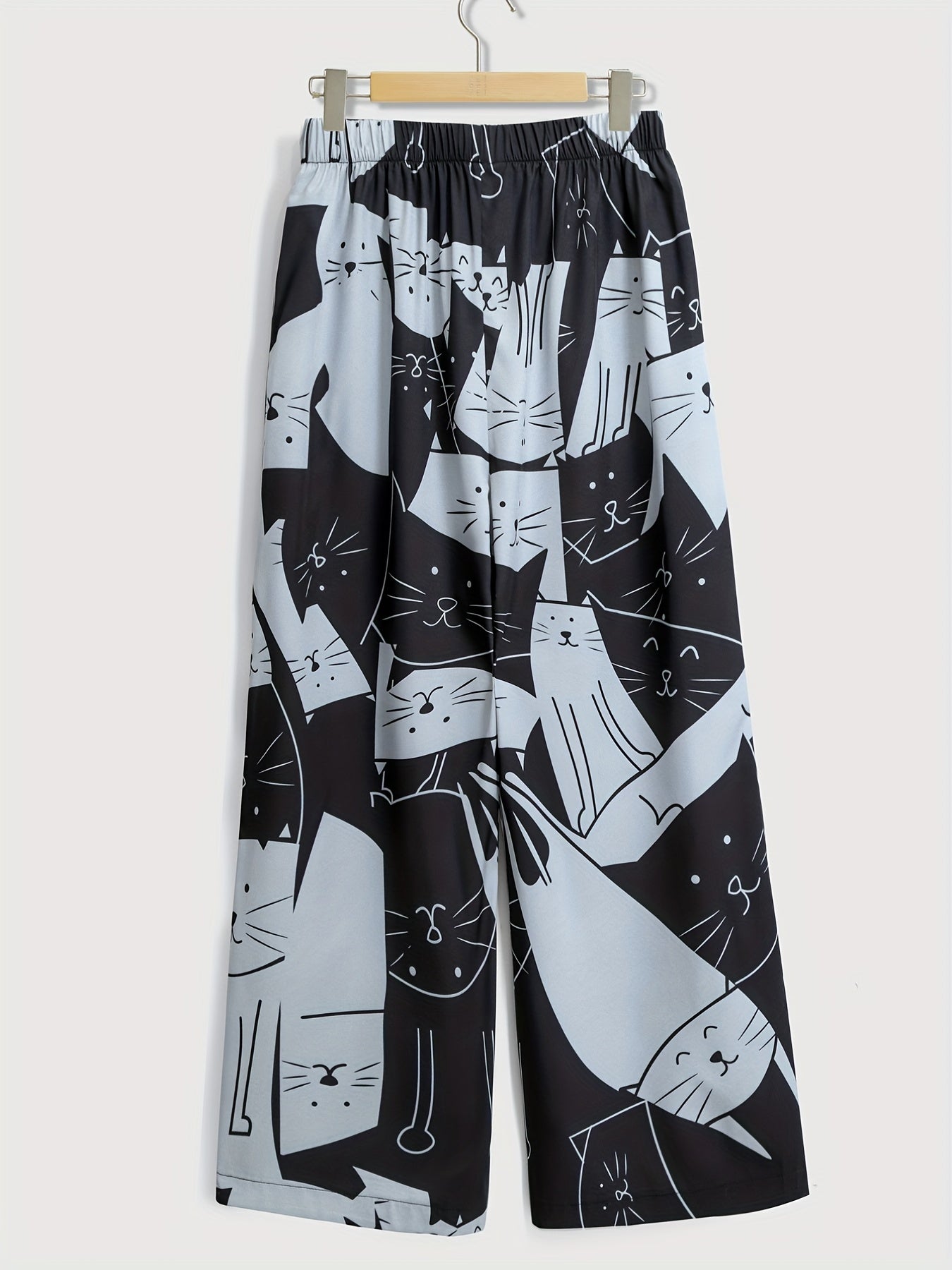  Colorblock Cat Print Wide Leg Pants