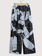  Colorblock Cat Print Wide Leg Pants
