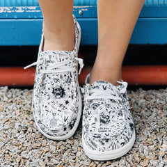 Skull Pattern Flat Shoes Slip On Canvas Casual Hallow