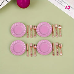 Vintage Metal Dollhouse Accessory Set Cake Plate Fork & Spoon