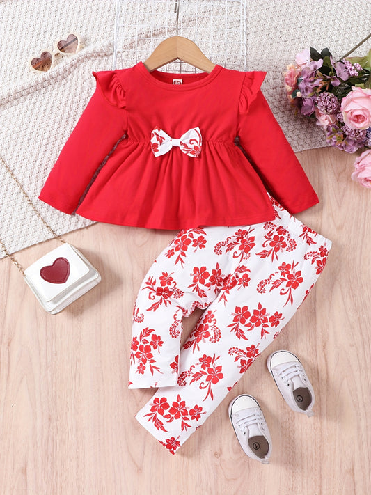 2pcs Baby Girls Ruffles T Shirt & Floral Print Pants Set