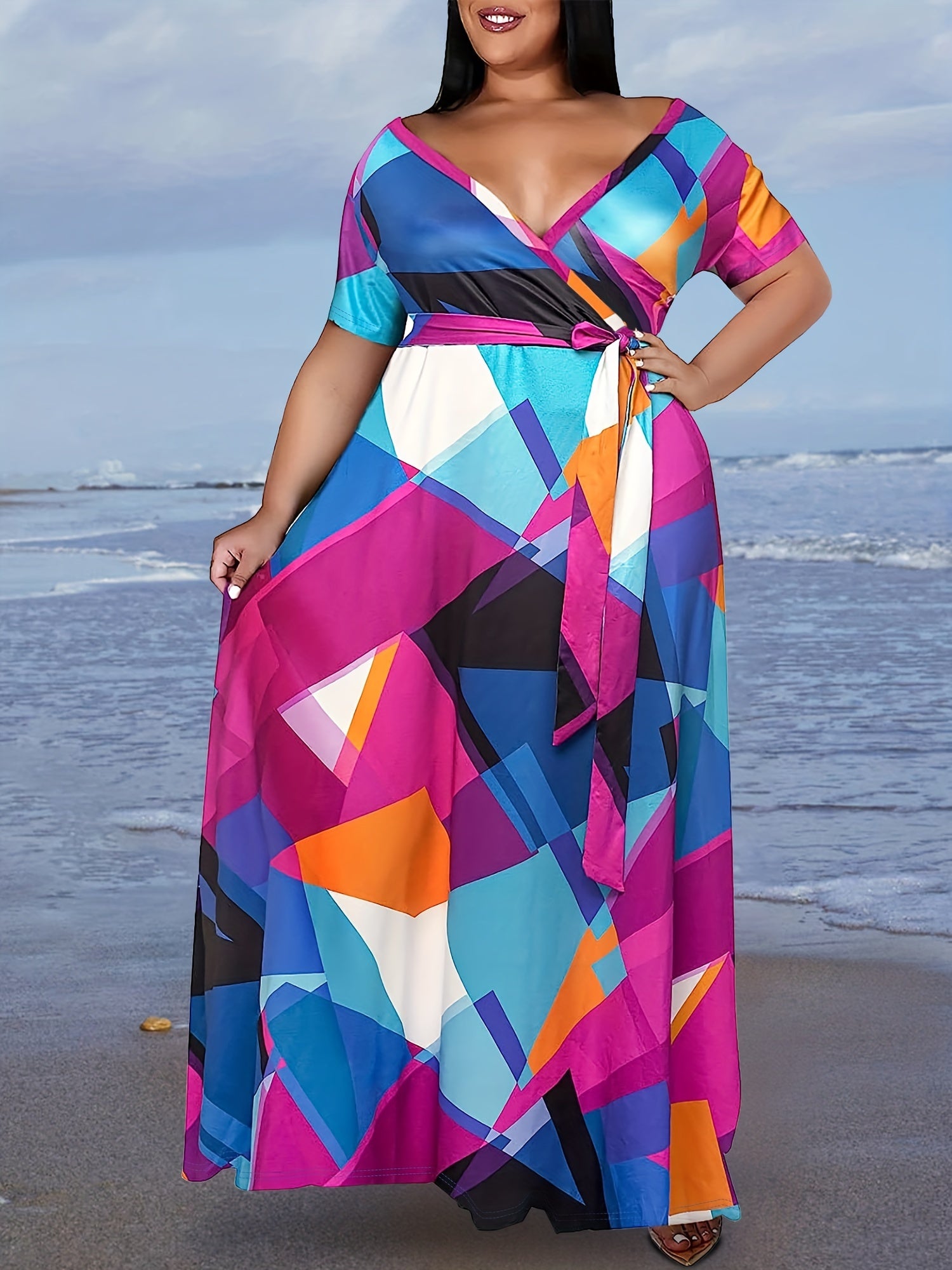  Colorblock Geo Print Maxi Dress With Belt