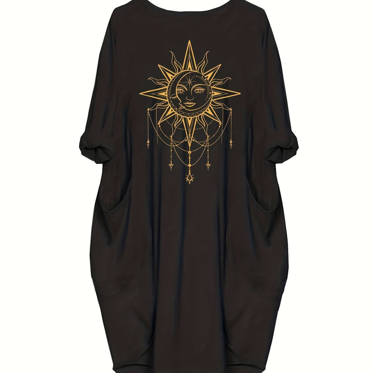  Sun Graphic Print Long Sleeve Round Neck Dress With Pockets