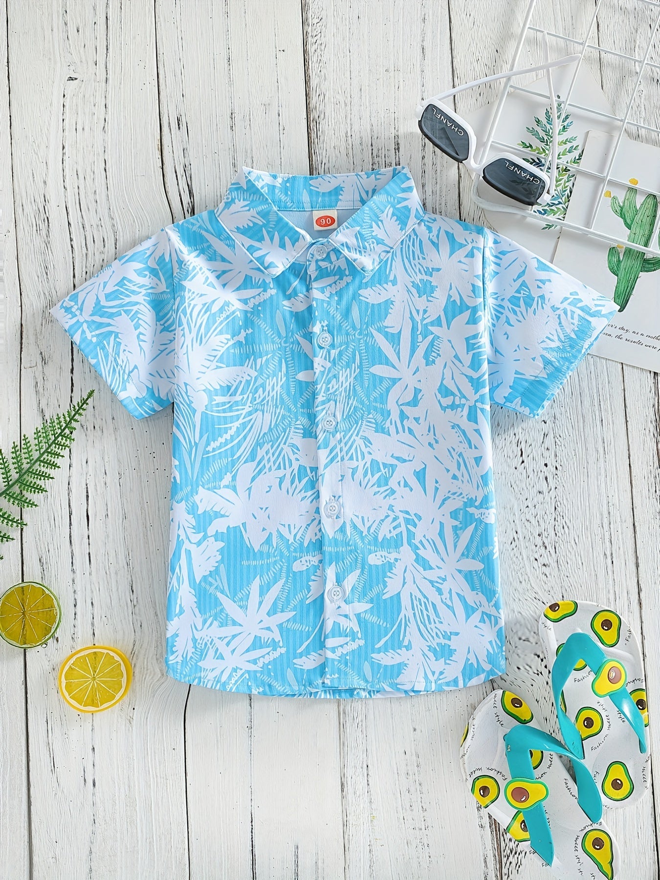 Boys Leaf Print Short Sleeves Shirt For Vacation Beach Kids Summer Clothes