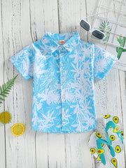 Boys Leaf Print Short Sleeves Shirt For Vacation Beach Kids Summer Clothes
