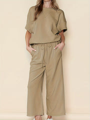 Solid Short Sleeve Round Neck Top & Wide Leg Pants Outfit Set