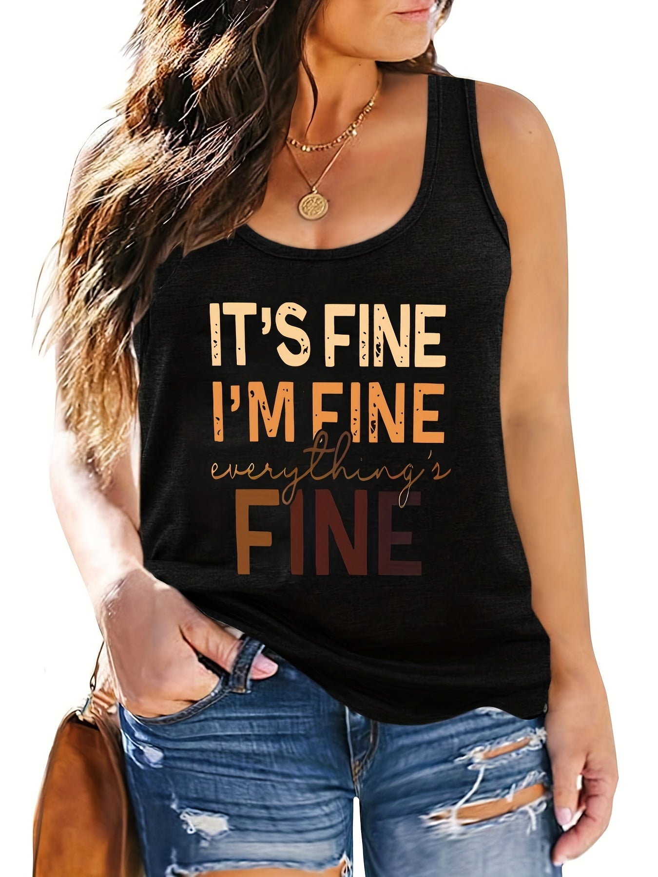  Casual Tank Top Women's Plus Slogan Graphic Print Round Neck Tank Top
