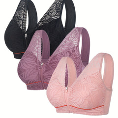 3 Pack Women's Plus Leaf Jacquard Lace Tank Bras Set