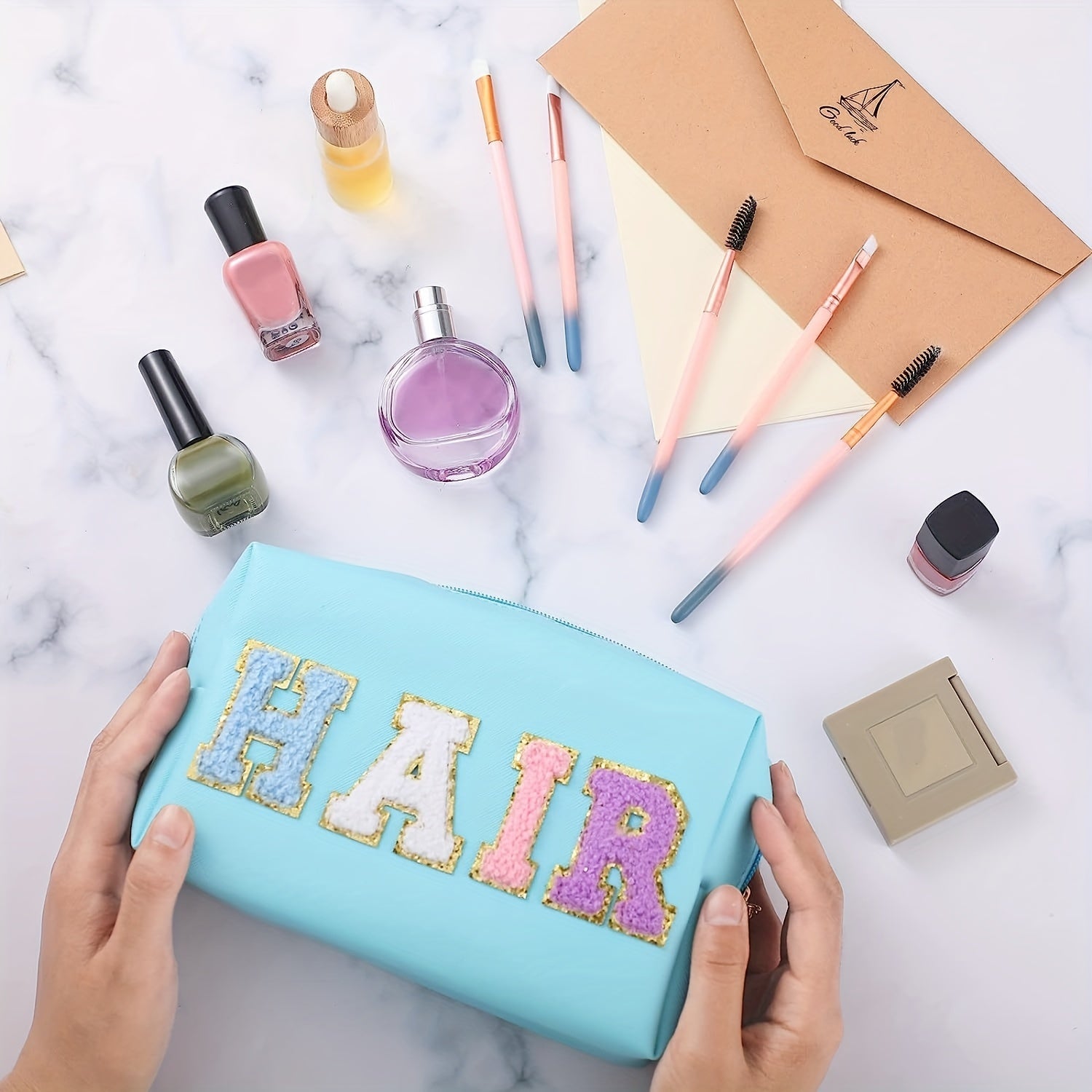 Preppy Patch Cosmetic Bag PU Leather Makeup Zipper Pouch