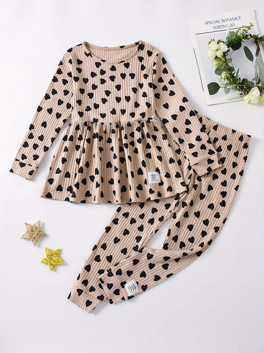 Girls' Love Heart Print 2pcs Long Sleeve Top & Pants Set