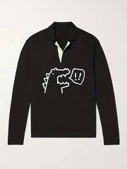 Dino Pattern Knit Polo Shirt Men's Casual Sweater