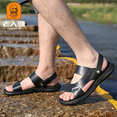 LAORENTOU Men's Leather Sandals Outdoor Anti-skid Beach Shoes
