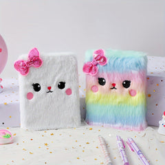 Cartoon Cat Plush Diary Notebook Faux Fur Journal for Teens & Adults