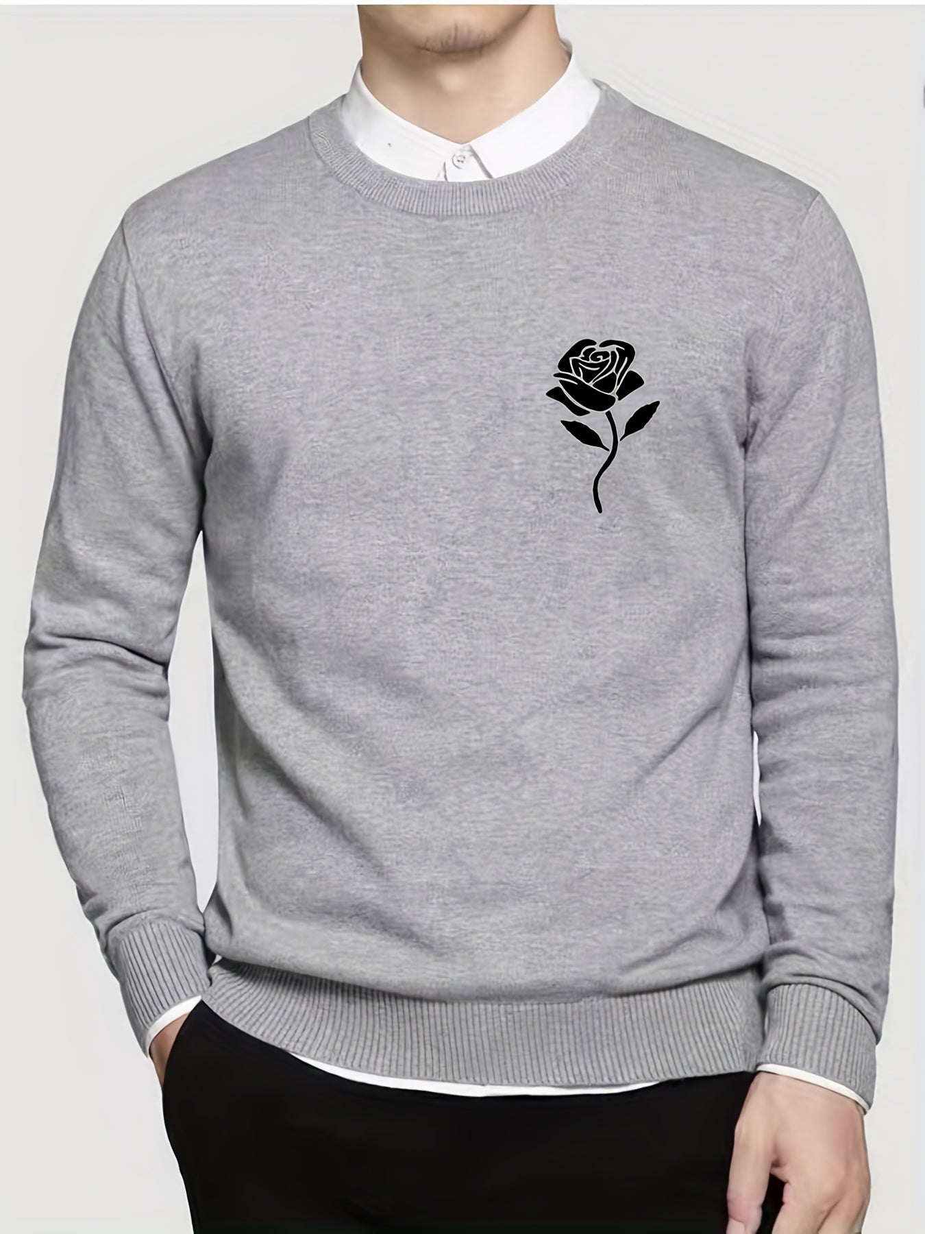 Rose Print Knitted Sweater Men's Warm Crew Neck Pullover