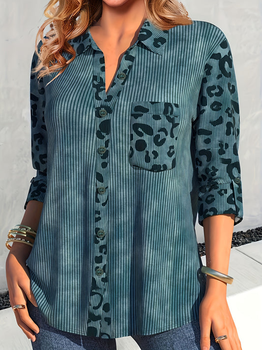  Colorblock Leopard Print Ribbed Button Up Collar Shirt