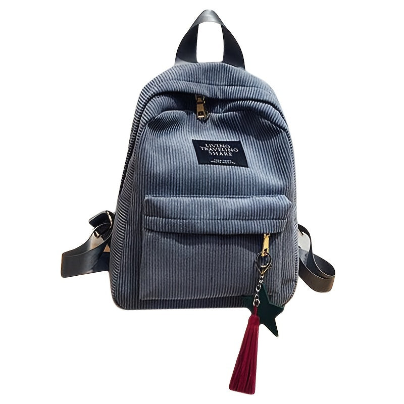 Corduroy Backpack with Letter Patch Solid Zipper Preppy Tassel Decor