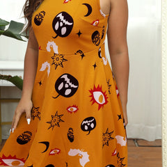  Halloween Cami Dress Pumpkin & Skull Print Criss Cross Back