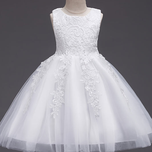Girls Sleeveless Princess Tutu Dress Flowers Embroidery Tulle Performance Dress