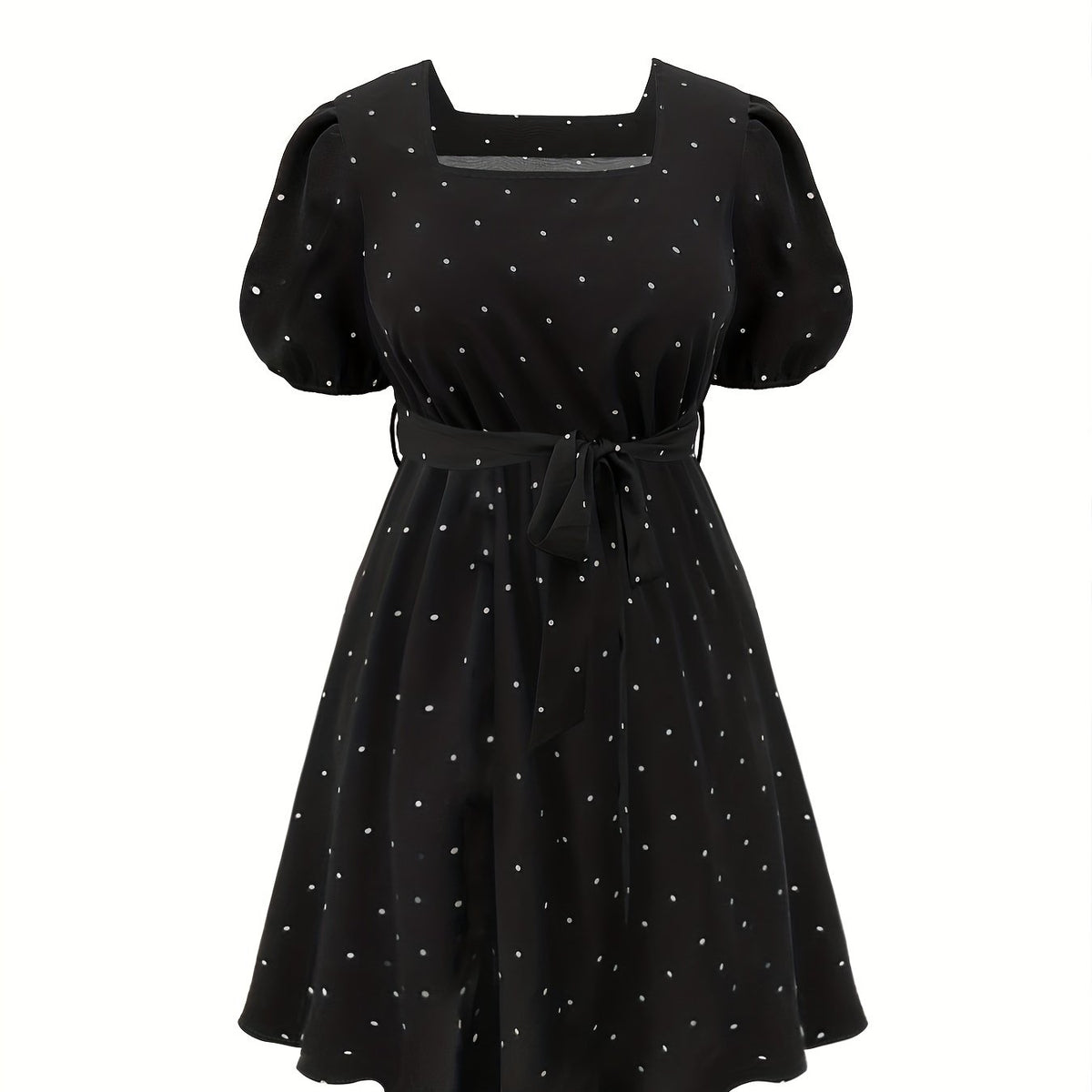  Dot Print Puff Sleeve A Line Dress With Belt