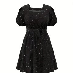  Dot Print Puff Sleeve A Line Dress With Belt