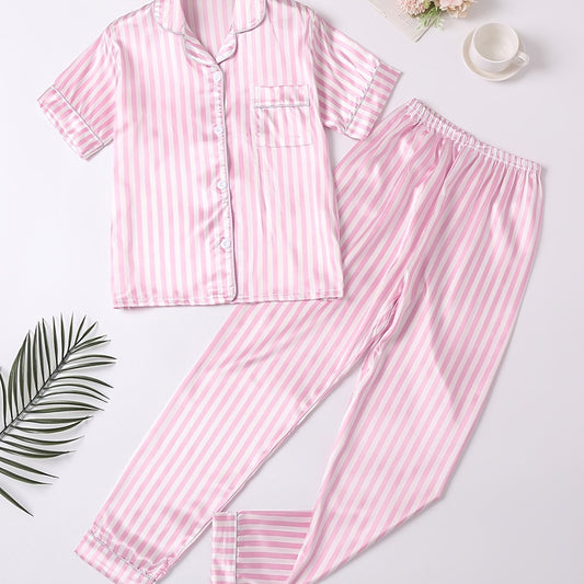 Girls Pink Stripes Pajama Set V Neck Short Sleeve Top & Pants