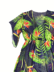Tropical Print Bell Sleeve V Neck Cover Up