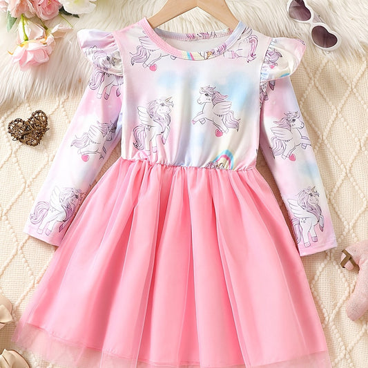 Girls' Long Sleeve Unicorn Tutu Dress Frill Trims for Party Birthday